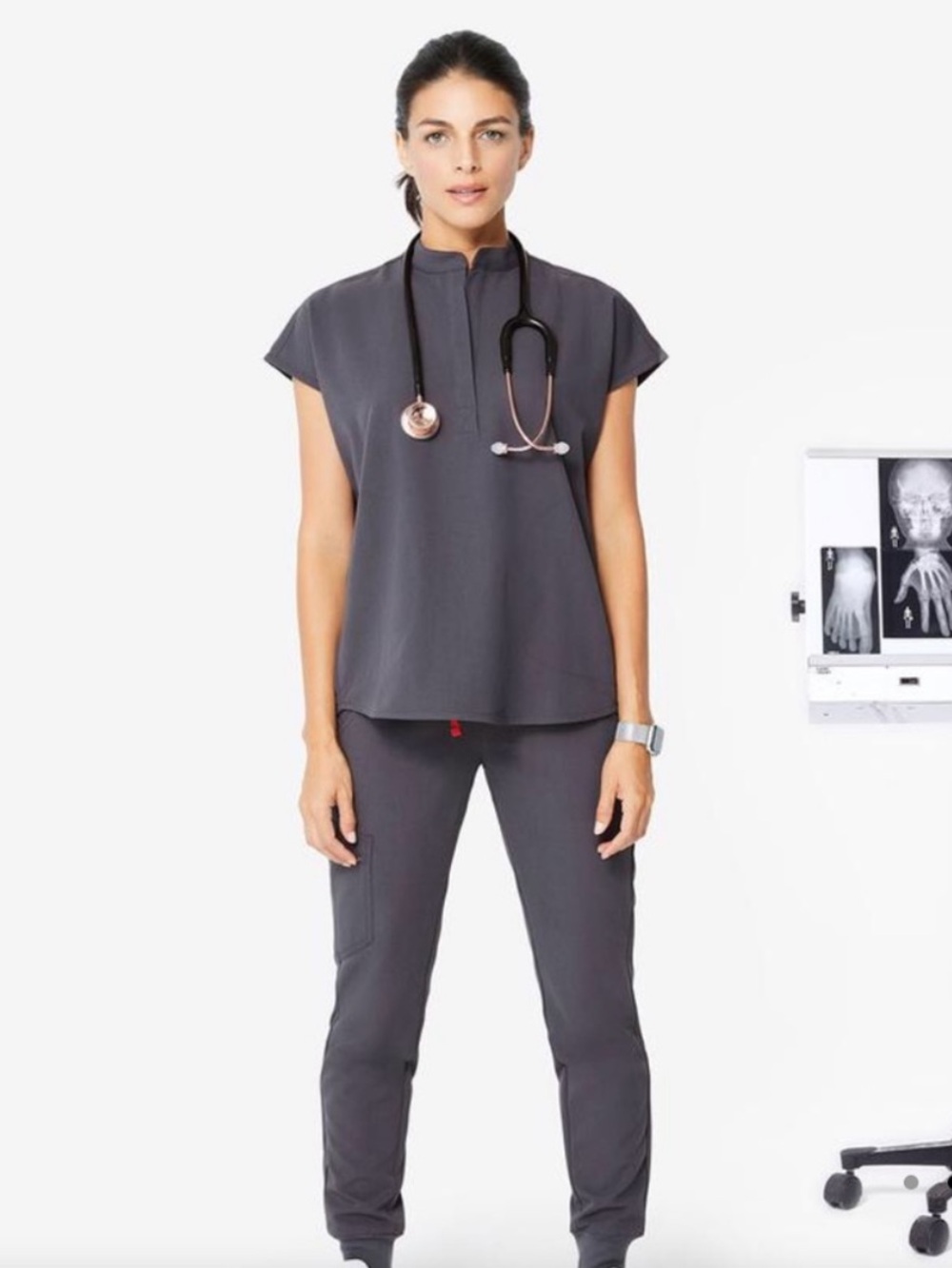 Figs Scrub Set Rafaela Scrub Top Zamora High Waisted Pant Gray Small Medium